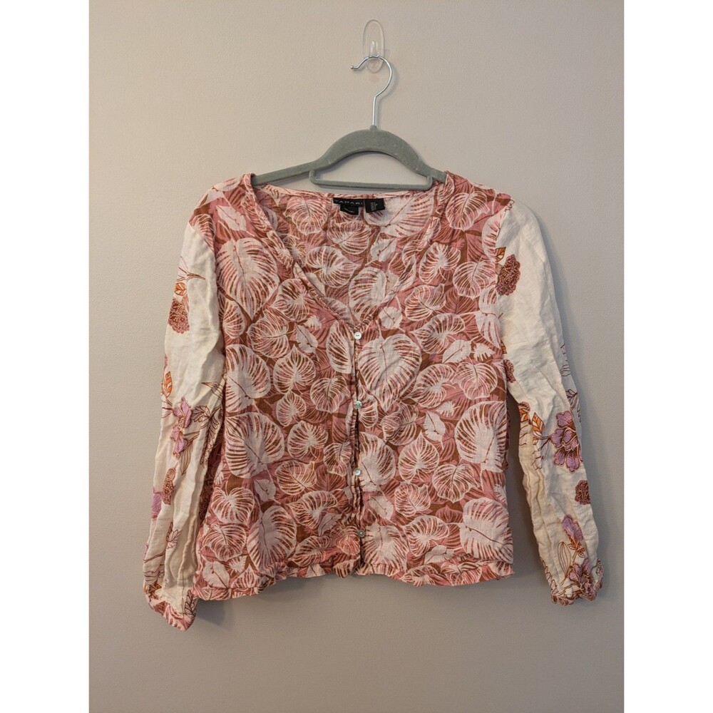 Tahari Linen Button Top Blouse Floral Tropical Resort Boho Palm Leaves Small